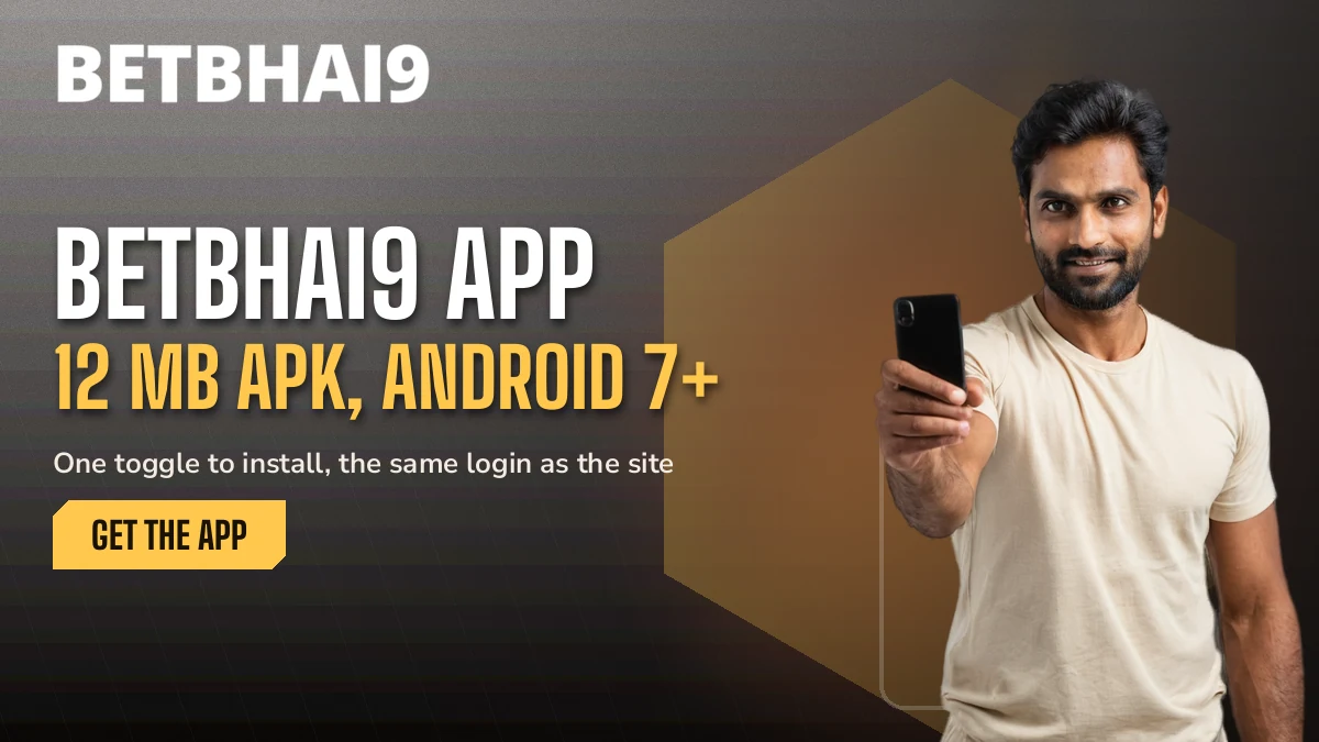 Betbhai9 cricketer holding up a phone beside the 12 MB APK Android headline