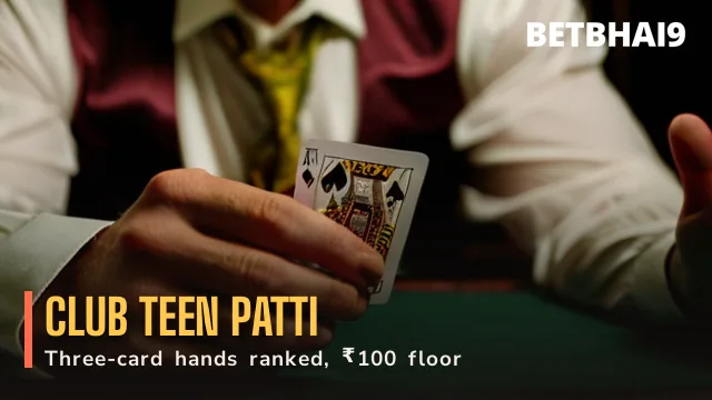 Betbhai9 Club dealer in a burgundy waistcoat dealing three cards to a player seat