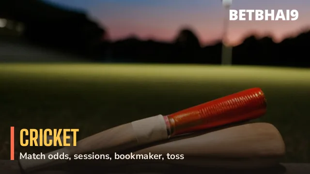 Willow cricket bat and red ball on a floodlit pitch for Betbhai9 cricket markets