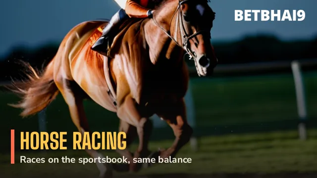 Jockey in coral silks at full gallop on the Betbhai9 horse racing card