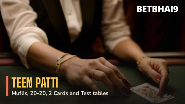 Betbhai9 Teen Patti dealer fanning three cards face up on green felt
