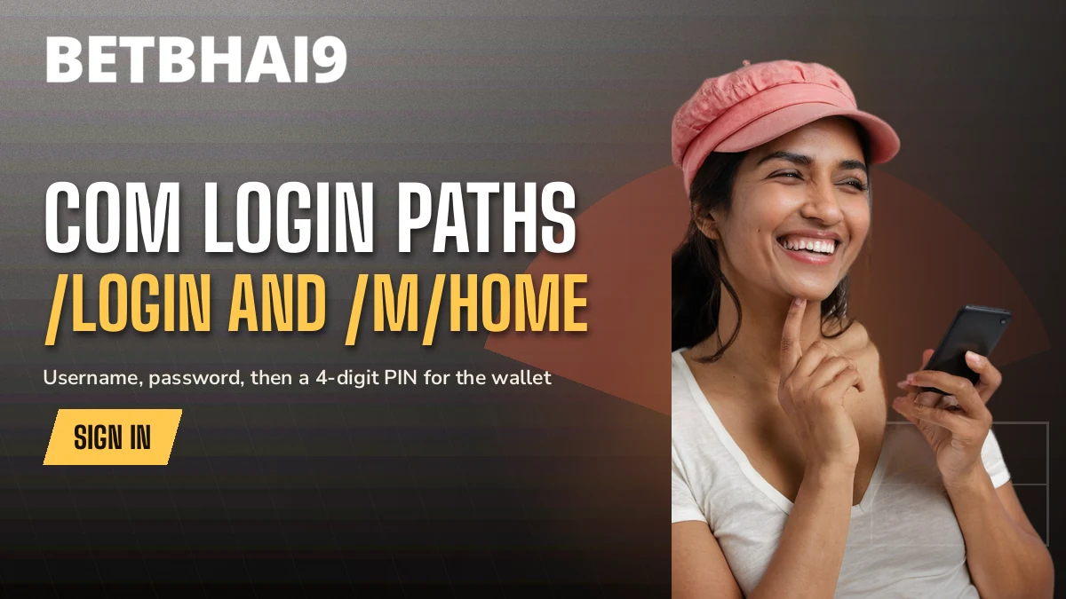 Betbhai9 fan in a coral cap laughing at her phone beside the com login paths headline