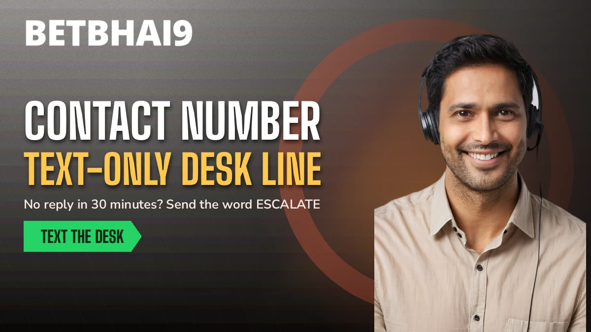 Betbhai9 support agent in a headset raising an open palm beside the text-only desk line headline