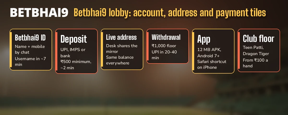 Strip of account, address and payment tiles from the Betbhai9 home lobby