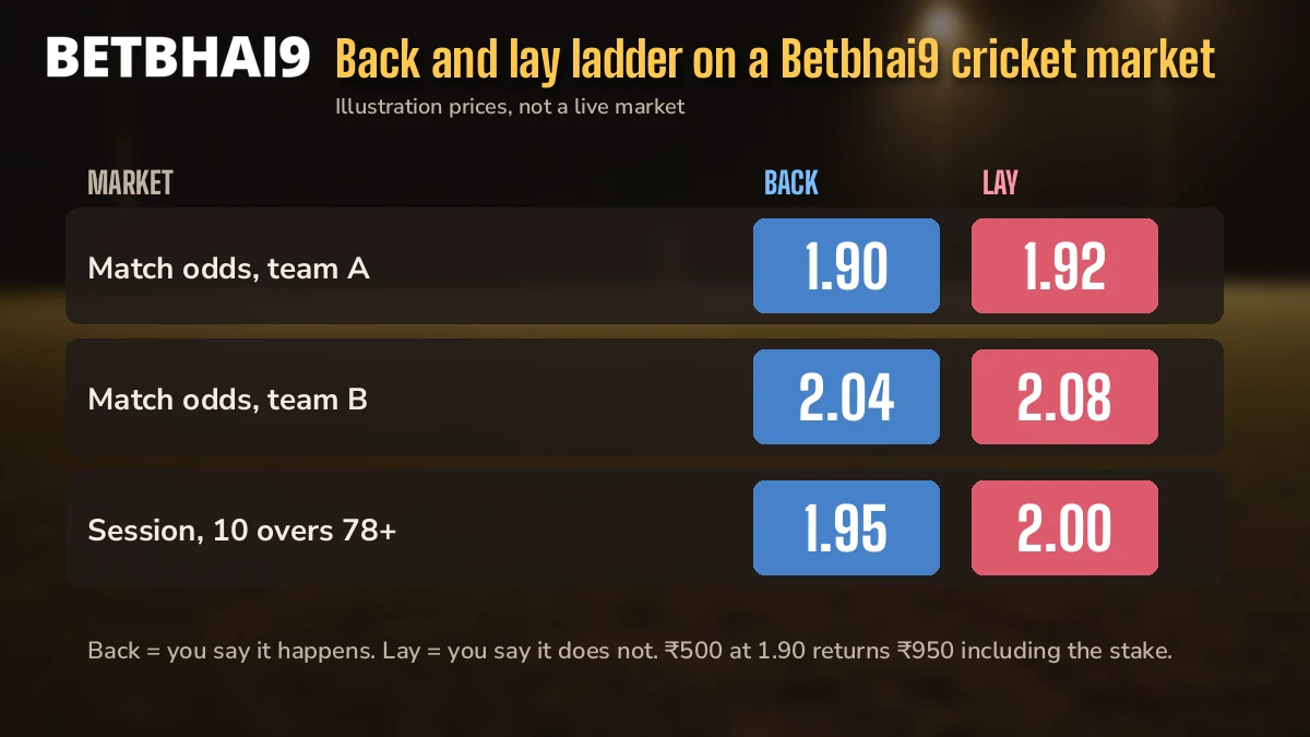 Odds ladder with back prices beside lay prices on a Betbhai9 cricket fixture