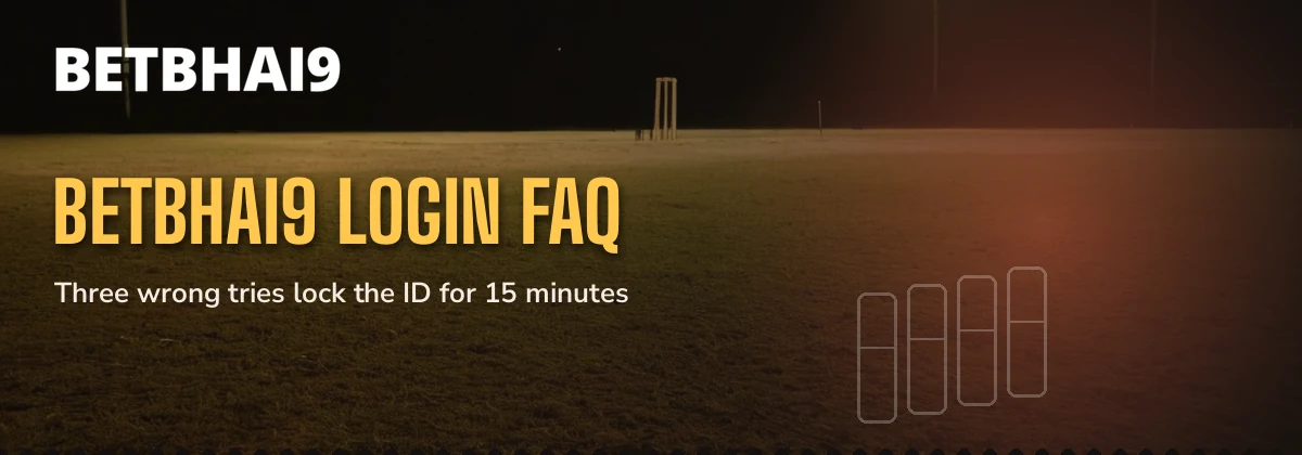 Crease lines and stumps under night floodlights beneath the Betbhai9 login FAQ label