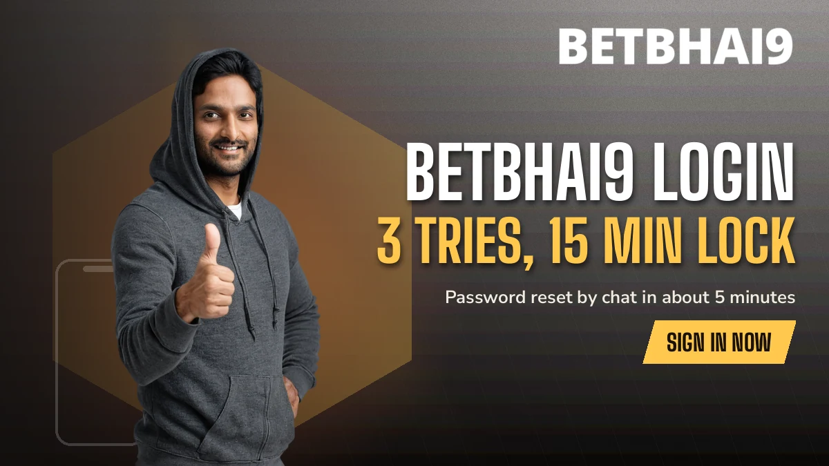 Betbhai9 fan in a charcoal hoodie giving a thumbs up beside the 3 tries 15 minute lock headline