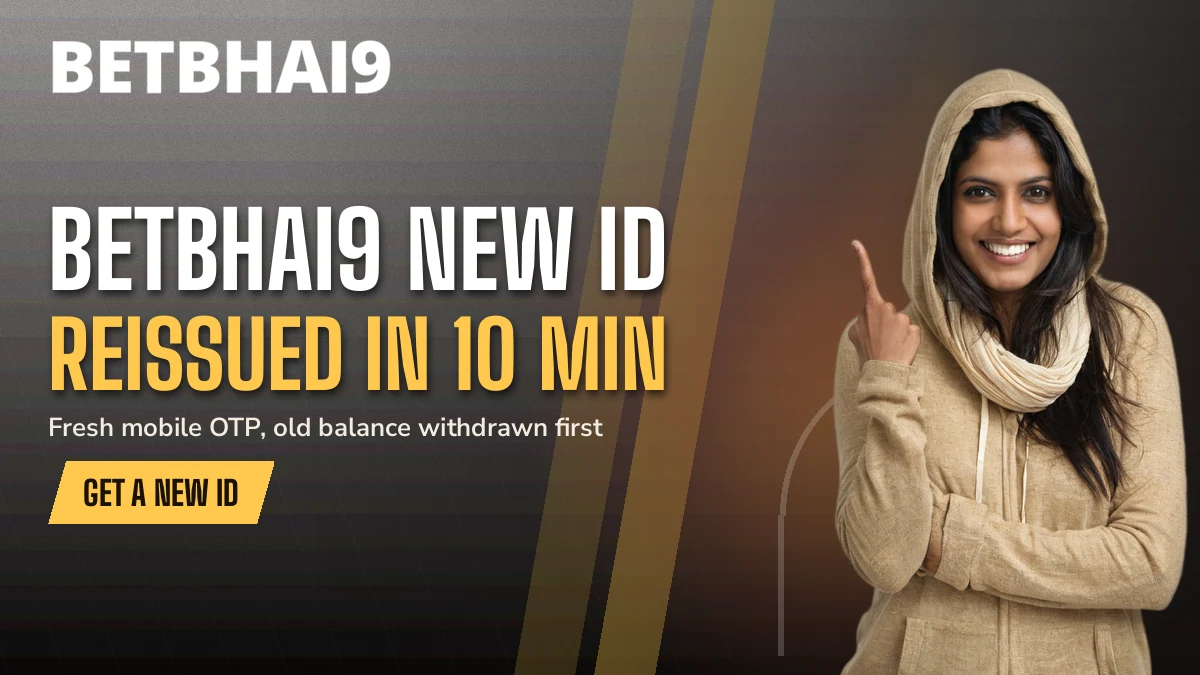 Betbhai9 fan in a gold hoodie giving two thumbs up beside the new ID reissued in 10 minutes headline