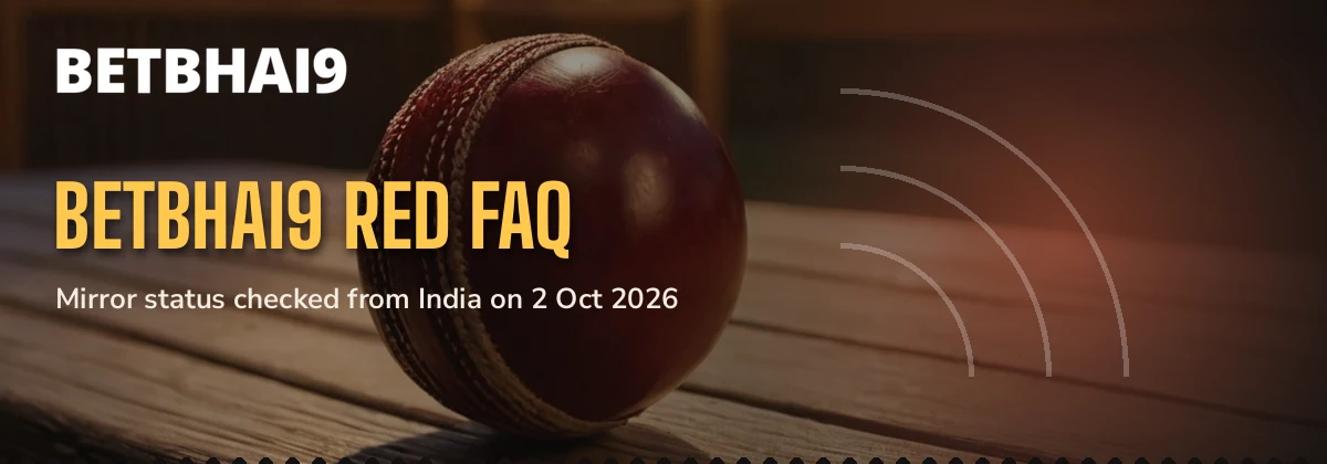 Red leather cricket ball resting on a pavilion bench under the Betbhai9 Red FAQ label