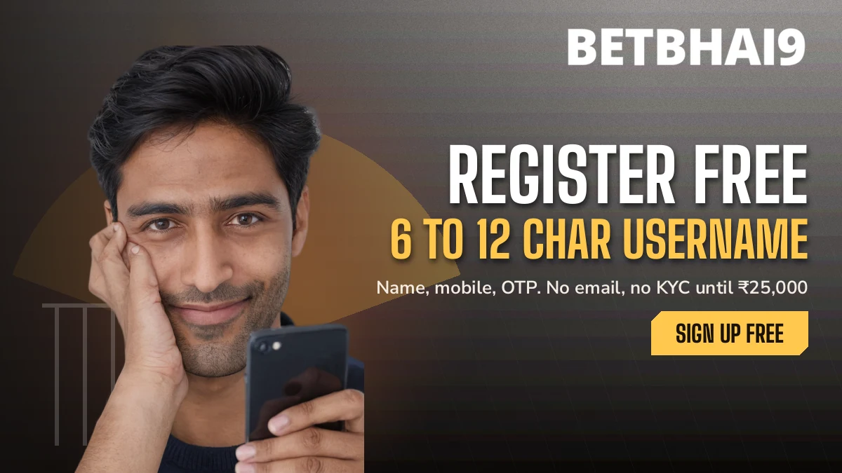 Betbhai9 player in a navy sweatshirt tapping a phone beside the register free headline