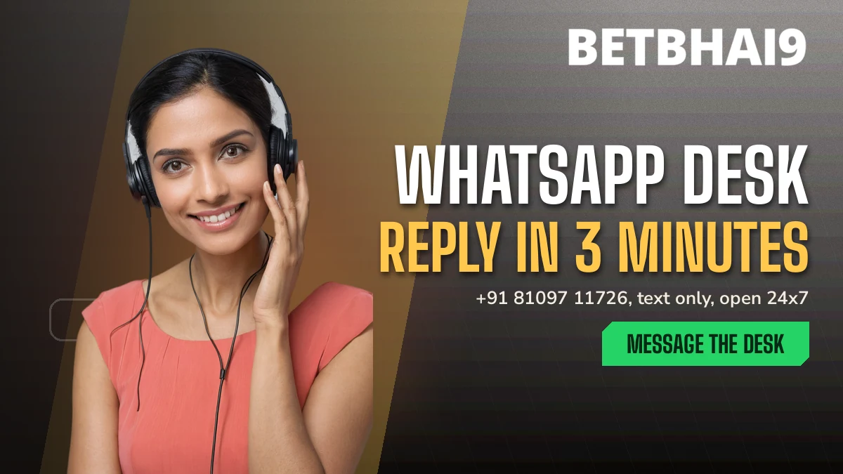 Betbhai9 support host in a headset reading a phone beside the WhatsApp desk reply in 3 minutes headline