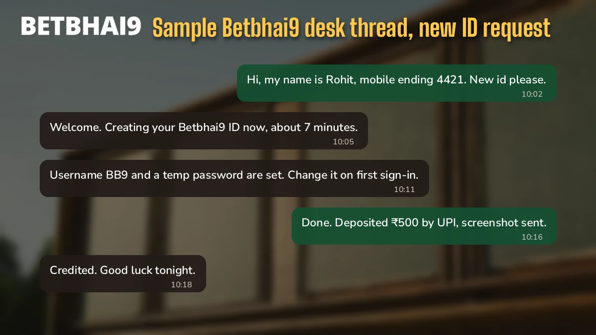 Sample Betbhai9 chat thread showing a new id request moving to the front of the queue